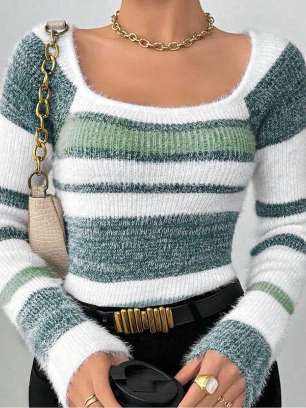 Striped Crewneck Fuzzy Knit Sweater - White, Blue & Green